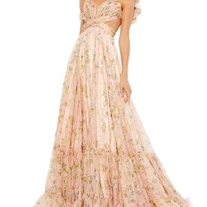Mac Duggal Pink Ruffle Tiered Floral Cut-Out Chiffon Gown